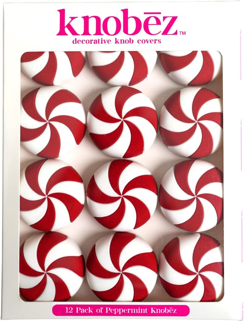 Knobēz : Decorative Knob Covers - Red Peppermint - 12pk - Stretch Over Hardware Decorations, Holiday-Winter-Christmas, Kitchen-Bathroom-Dressers-Home - Image 1